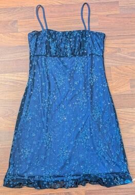 Y2K Candy Rocket Slip Dress Women’s M Blue Floral Spaghetti Strap Made USA